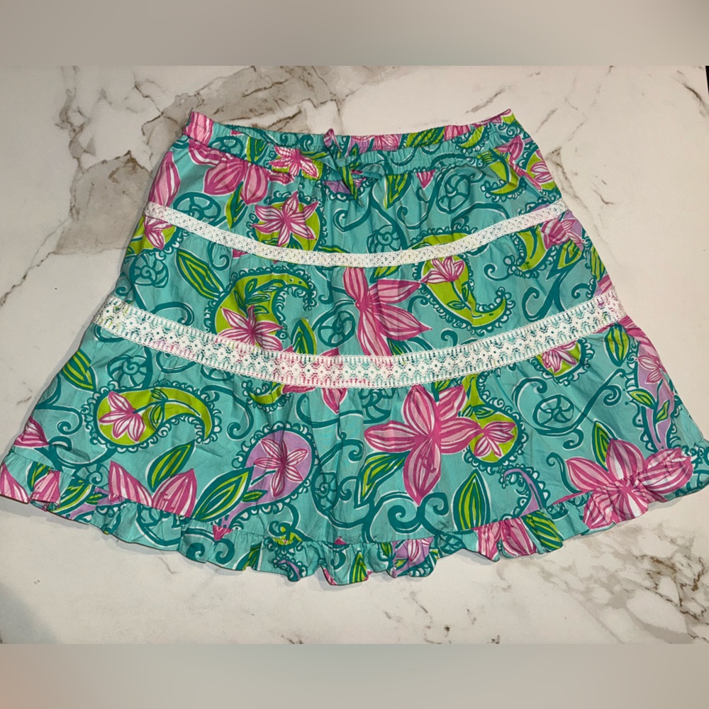 Lilly Pulitzer | Girls 16 | Floral Ruffle Skirt Aqua Pink Lace Trim Lined